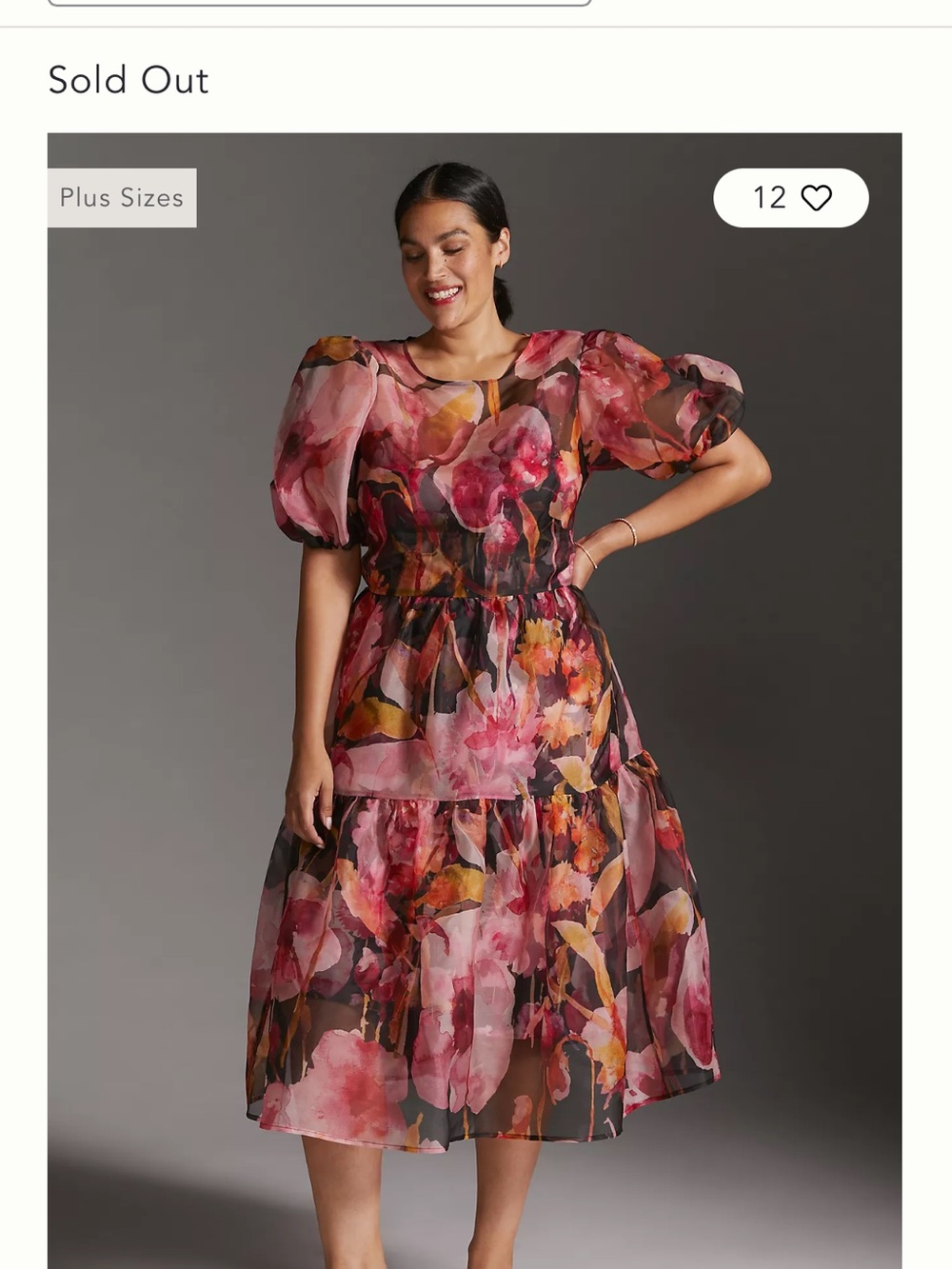 Anthropologie Pink Floral Puff-Sleeve Midi Dress